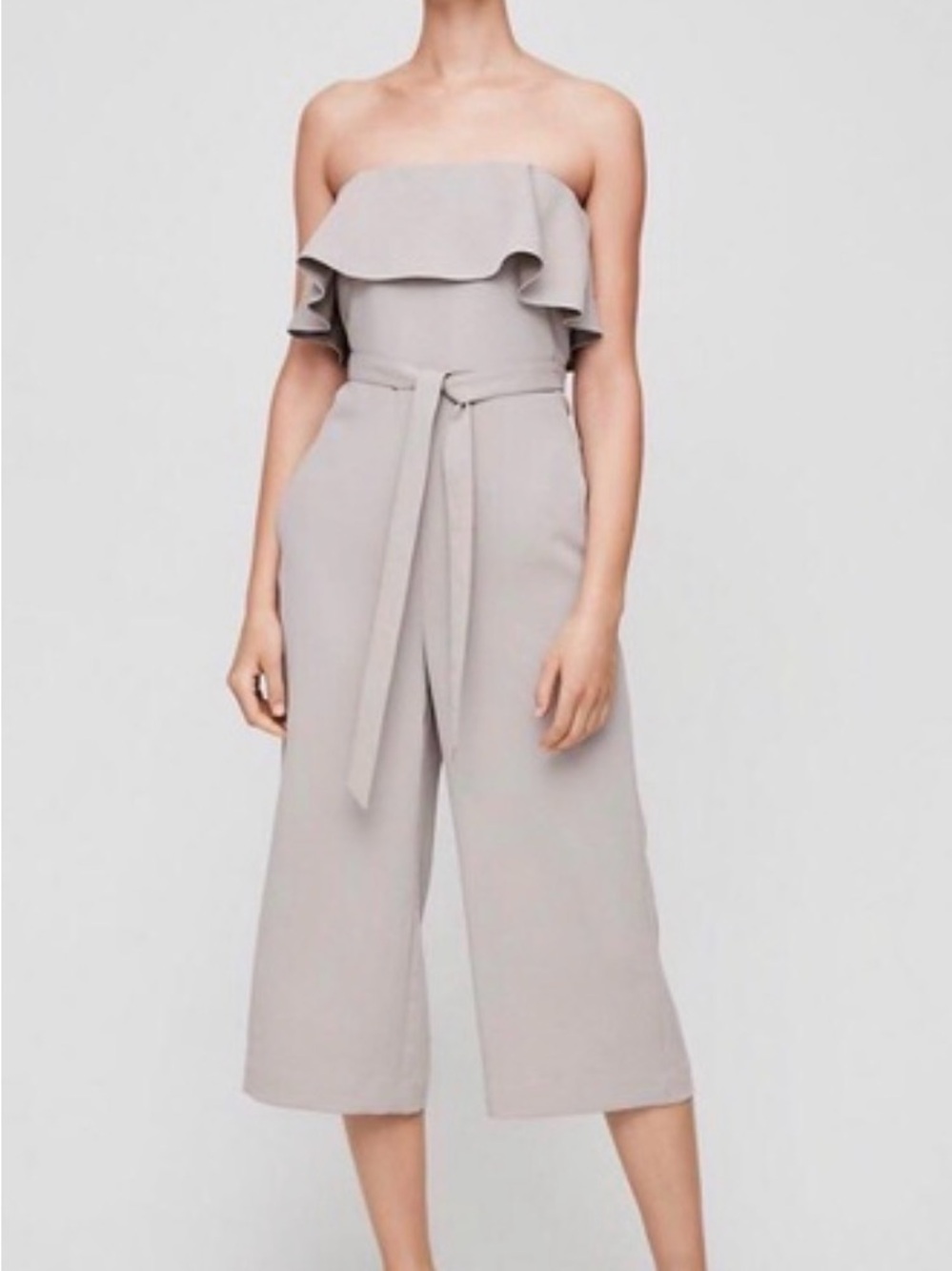 Babaton Strapless Ruffle Wide-Leg Jumpsuit in Light Taupe flutter